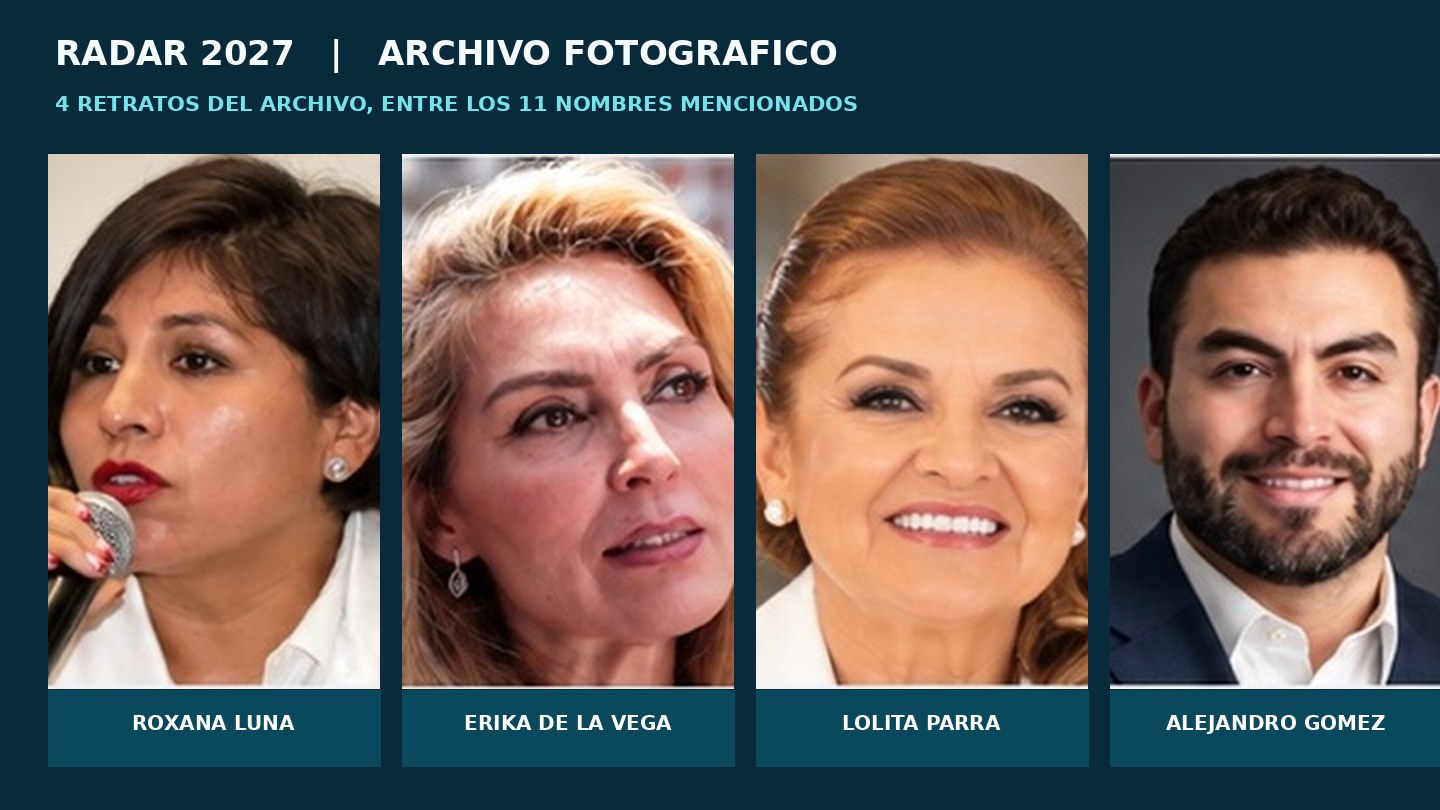 Cuatro retratos fotográficos de archivo etiquetados como Roxana Luna, Erika de la Vega, Lolita Parra y Alejandro Gomez; no se representan once candidaturas.