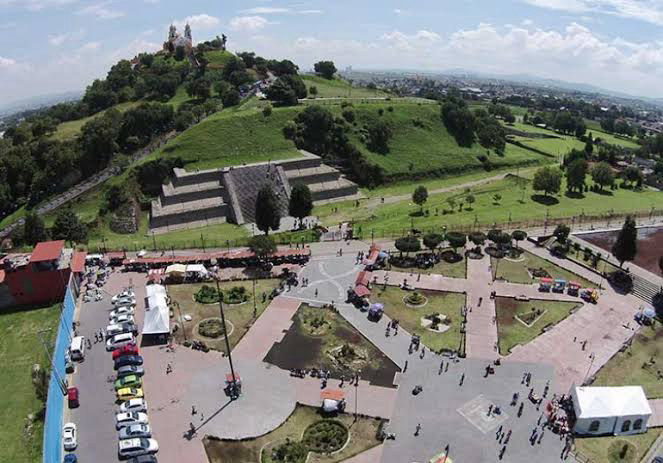 Vista aérea de la zona del Parque Soria y la pirámide de Cholula. Imagen de archivo.