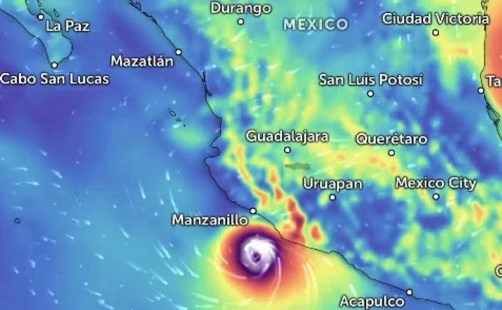 Visualización meteorológica ilustrativa de un ciclón frente al Pacífico mexicano; no es el mapa oficial del NHC para Trudy el 16 de octubre.