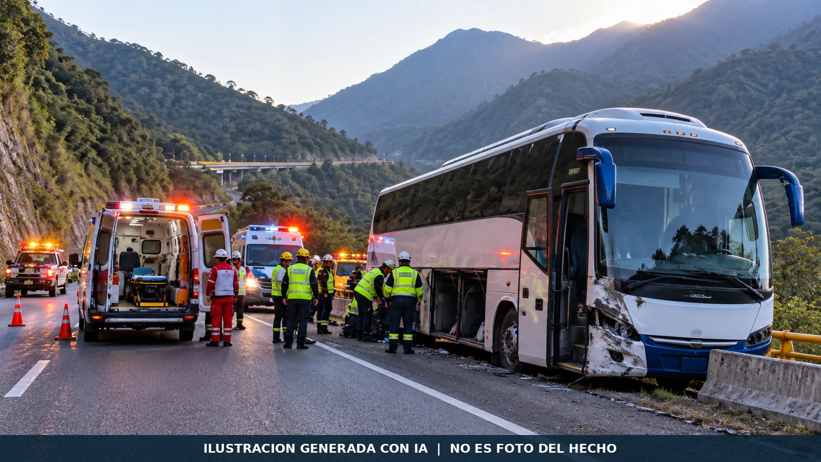 Ilustración digital generada con IA de un accidente de autobús en una carretera montañosa y servicios de emergencia. No es fotografía del siniestro en Cumbres de Maltrata.