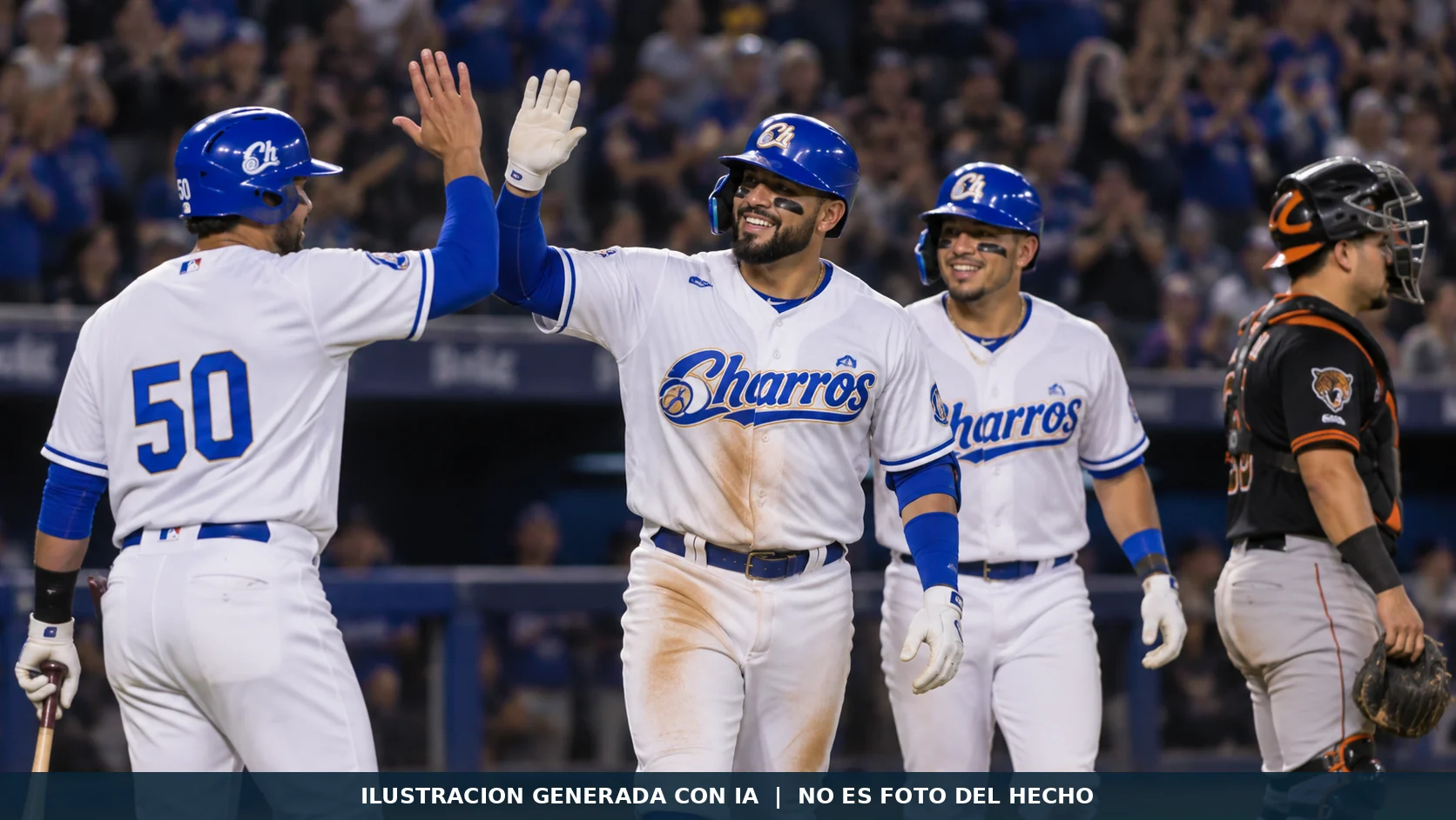 Ilustración generada con IA de una celebración ficticia de béisbol con uniformes inspirados en los Charros. No es una fotografía del encuentro contra Jaguares del 17 de octubre de 2026.