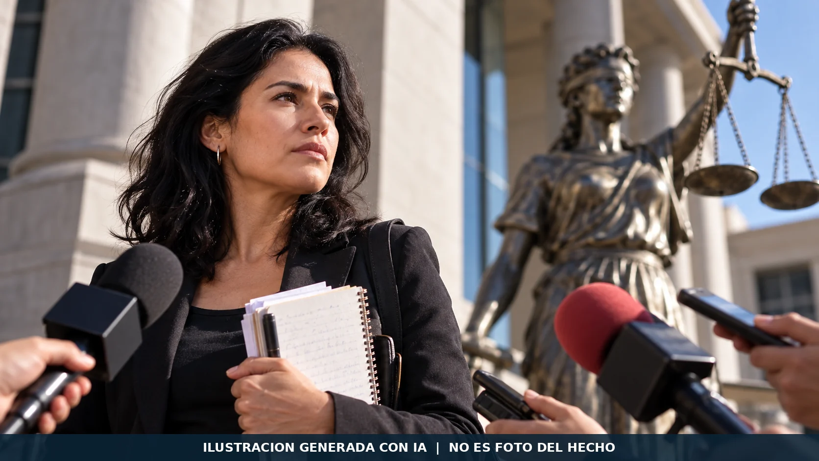 Ilustración generada con inteligencia artificial que simboliza periodismo y justicia. La mujer es un personaje ficticio y no representa a Lydia Cacho; no corresponde a audiencia alguna.