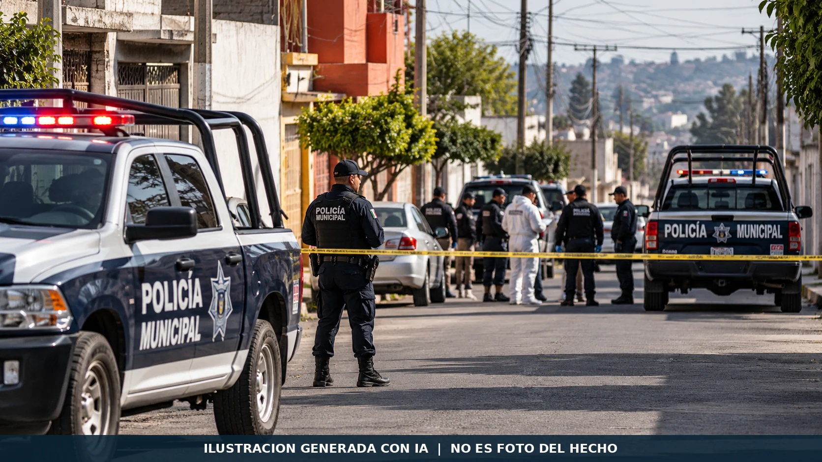 Recreación digital generada con inteligencia artificial de un operativo policial genérico; NO es fotografía del ataque de San Baltazar Tetela ni muestra a víctimas o personas involucradas.