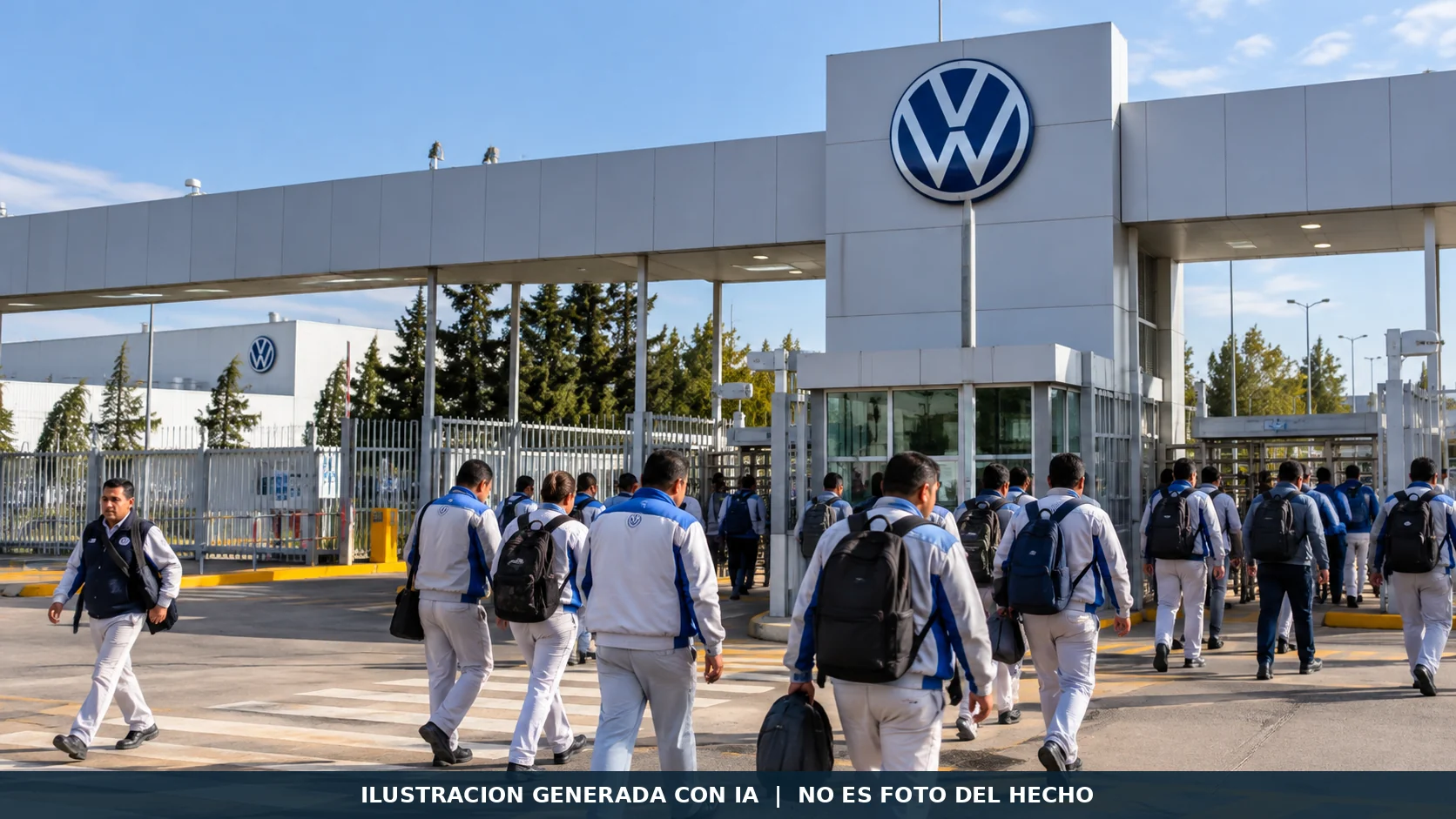 Ilustración generada mediante inteligencia artificial de una entrada a una planta automotriz. No es fotografía de trabajadores ni de las negociaciones de Volkswagen Puebla en octubre de 2026.