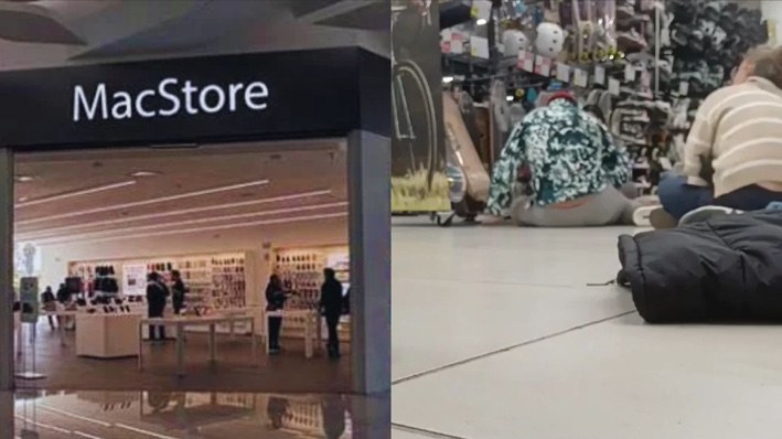 Imagen compuesta del exterior de MacStore y de personas resguardadas durante el asalto reportado en Vía San Ángel.