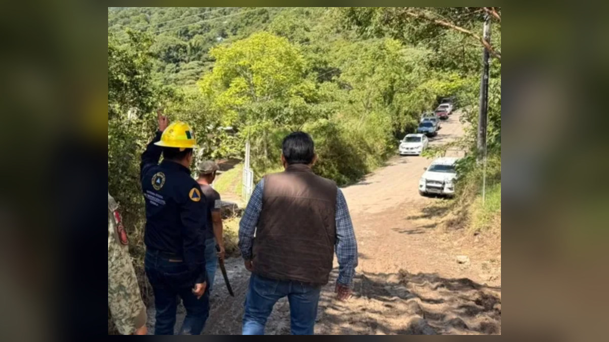 Personal de protección civil y otras personas observan un camino serrano de terracería con vehículos.