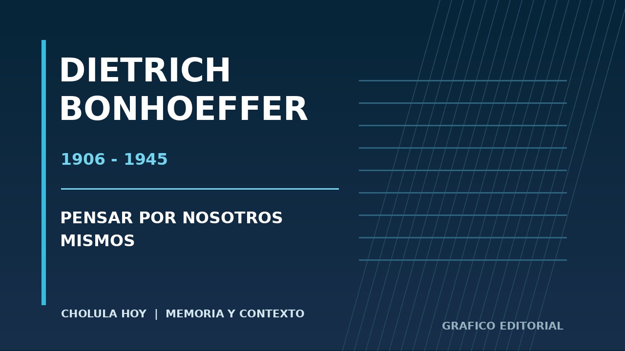 Gráfico editorial sobre Dietrich Bonhoeffer; no es un retrato fotográfico documental.