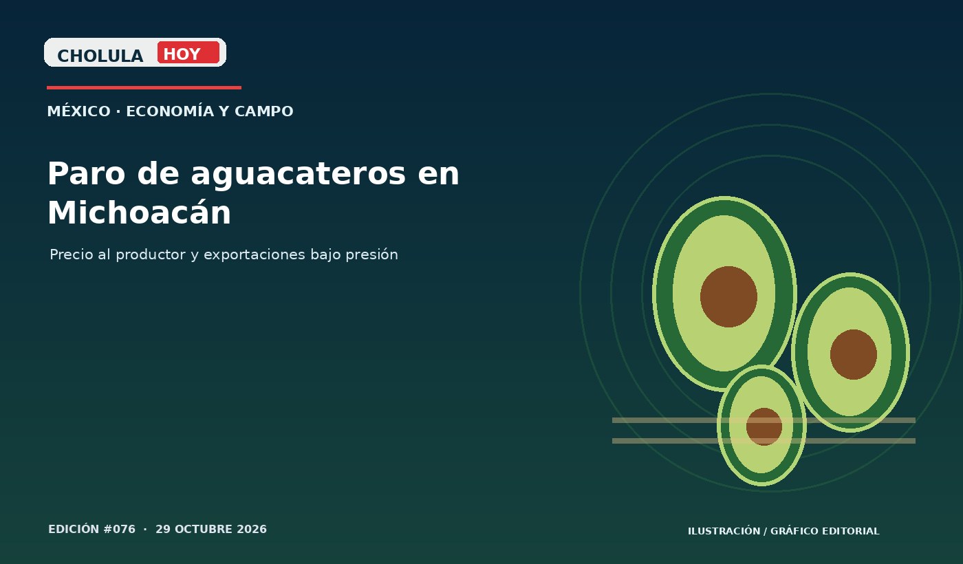 Paro de aguacateros en Michoacán — ilustración editorial original