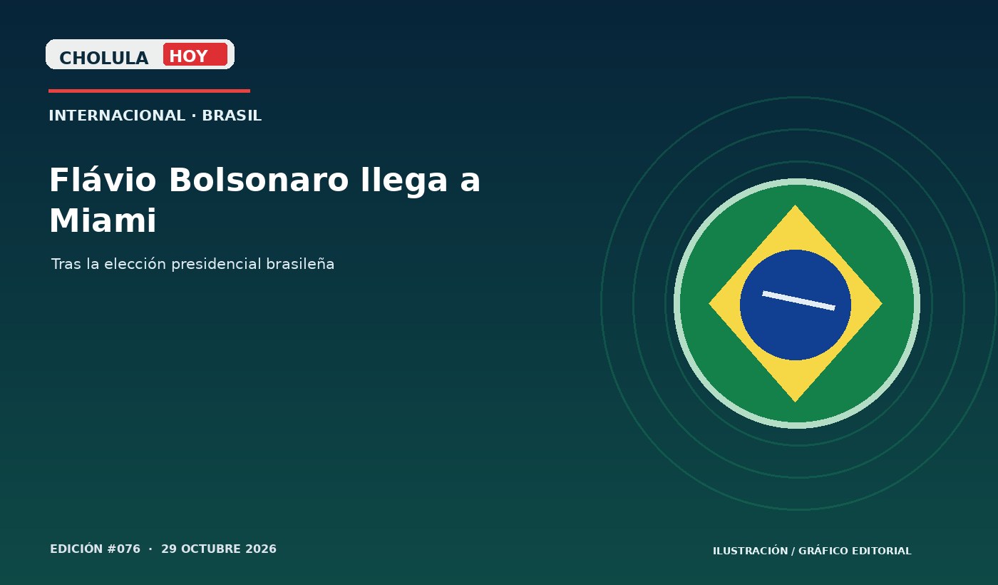 Flávio Bolsonaro llega a Miami — ilustración editorial original