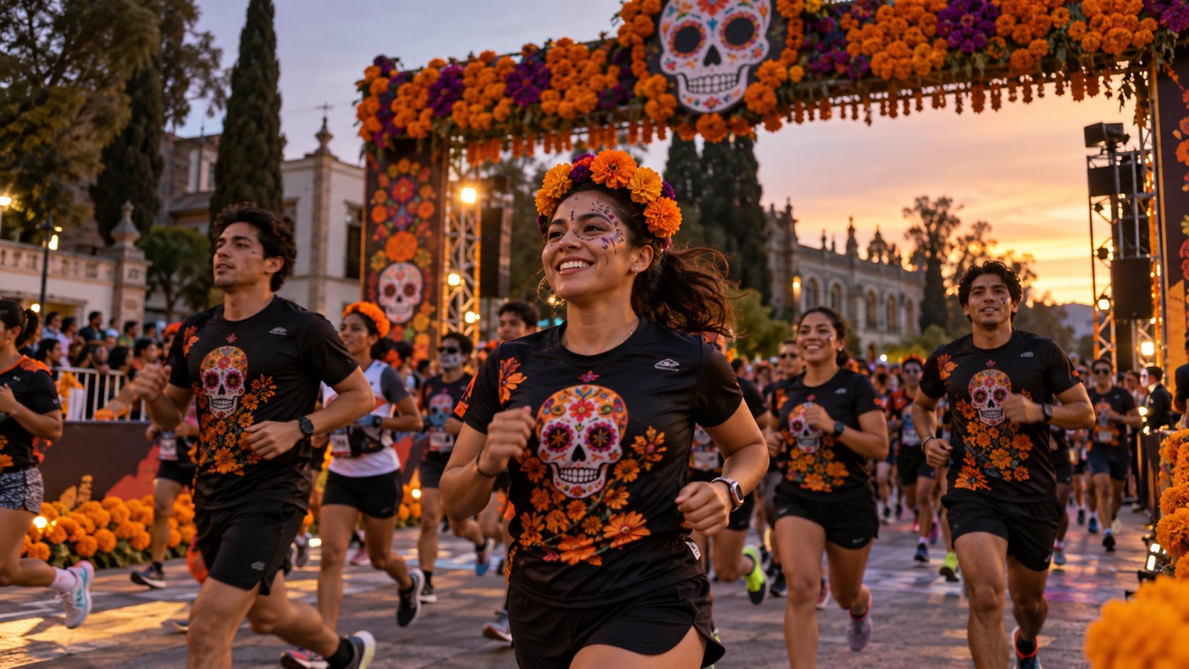 Corredores en una carrera temática de Día de Muertos, imagen ilustrativa.