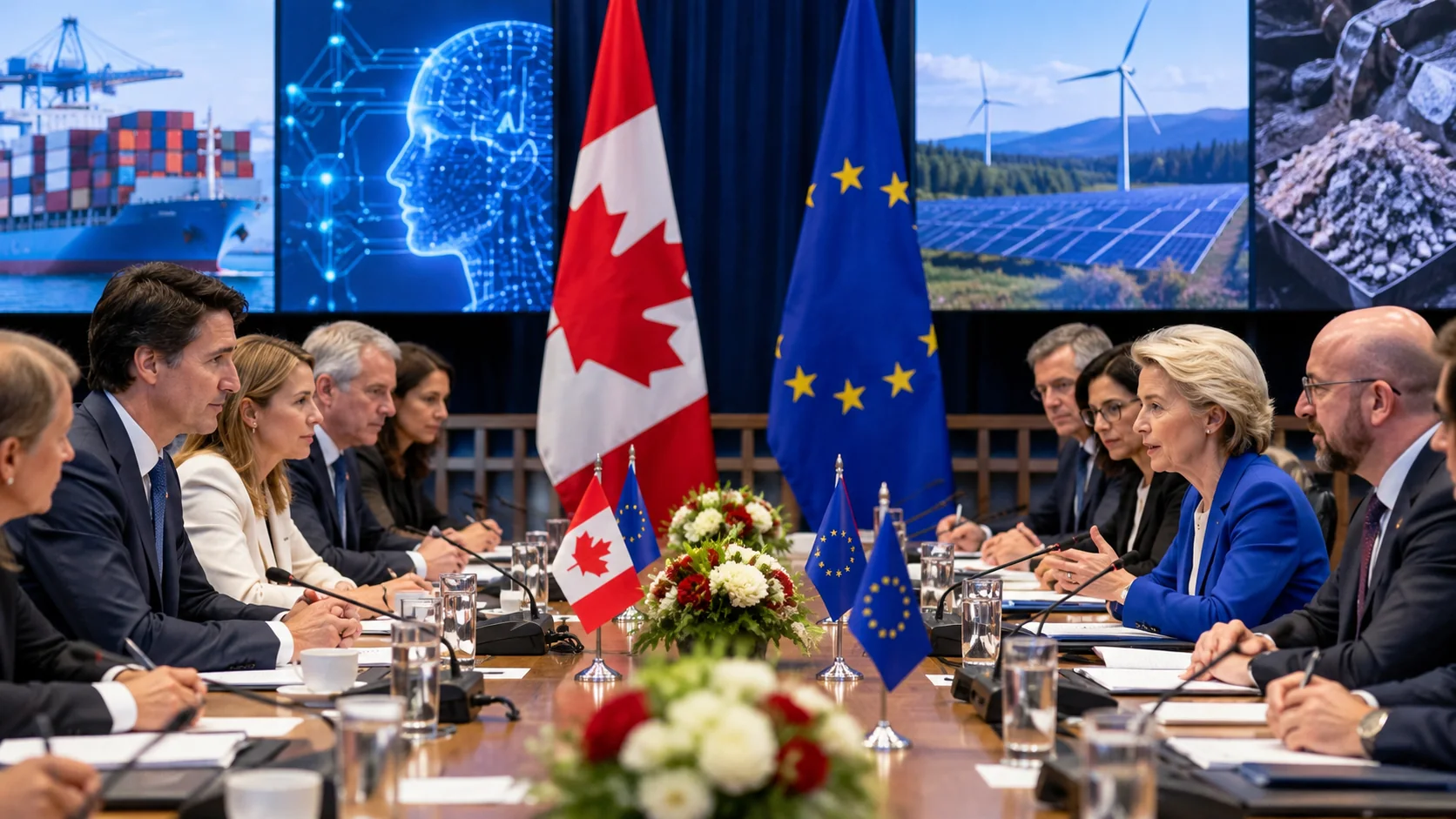 Ilustración editorial de una reunión entre delegaciones de Canadá y la Unión Europea.