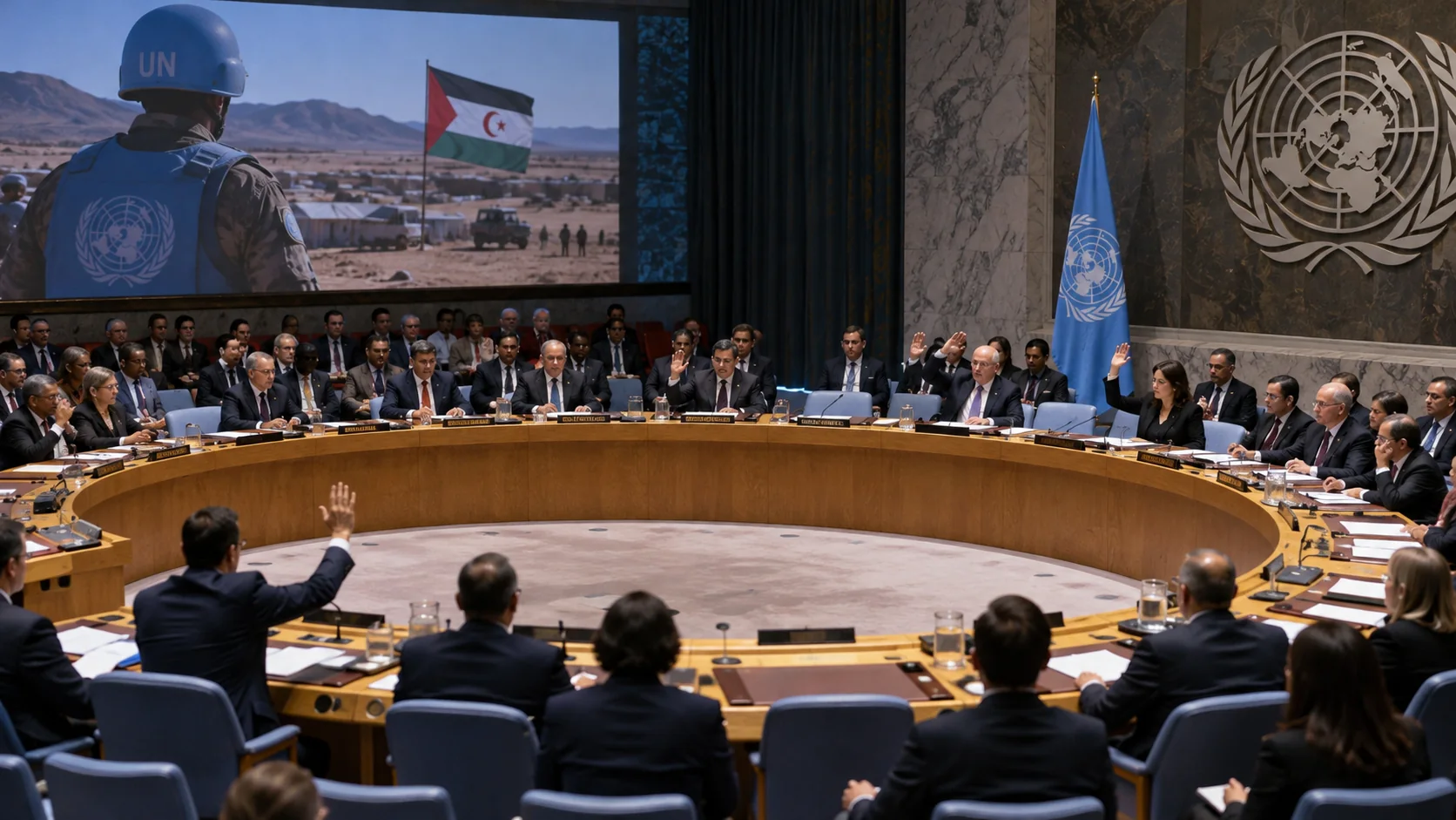 Ilustración editorial de una sesión del Consejo de Seguridad de la ONU y contexto del Sáhara Occidental.
