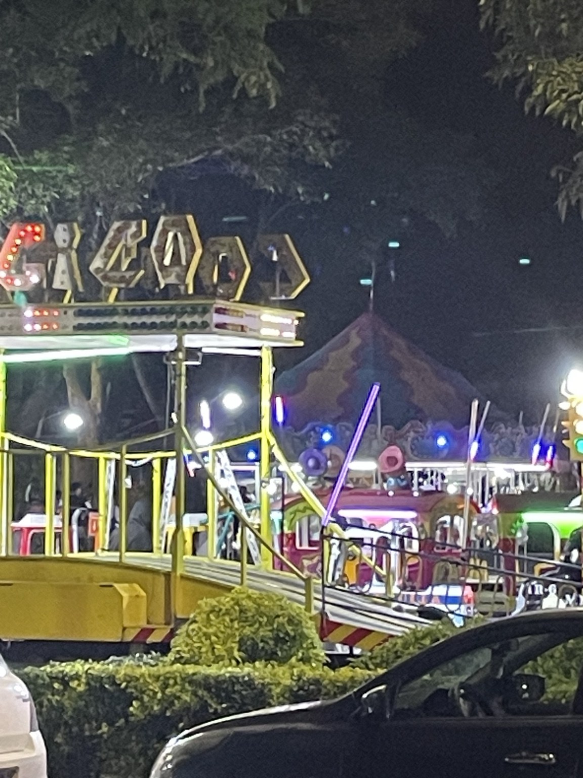 Vista nocturna de juegos mecánicos en el entorno fotografiado.