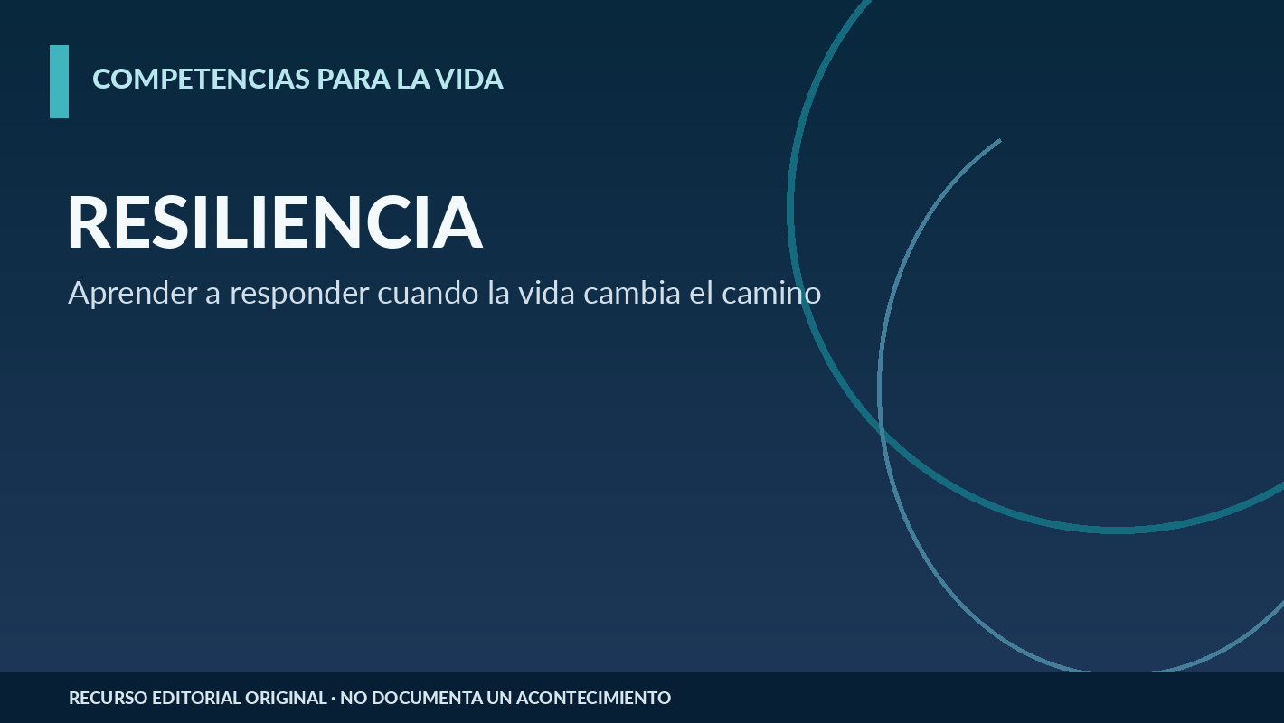 Composición gráfica editorial con el título Resiliencia y un río abstracto, metáfora de la adaptación ante cambios