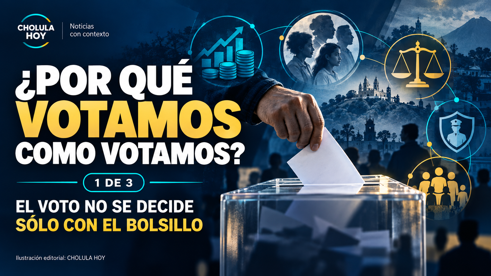 Ilustración editorial conceptual de por qué votamos, con urna y elementos de economía, identidad y valores.